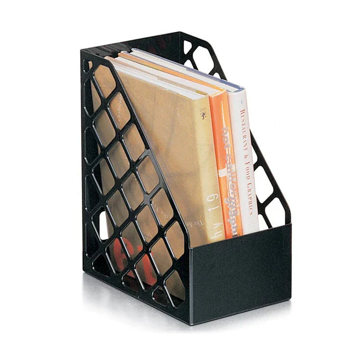 Black magazine file holder with books for office or desk organization