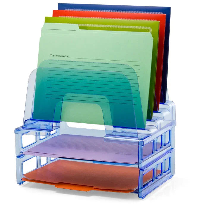 Blue incline desktop sorter with clear letter trays and colorful file folders