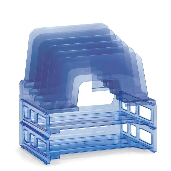 Large blue incline sorter with multiple letter trays for paper and file organization