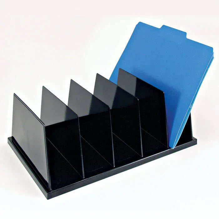 Black desktop file sorter with multiple compartments holding a blue file folder