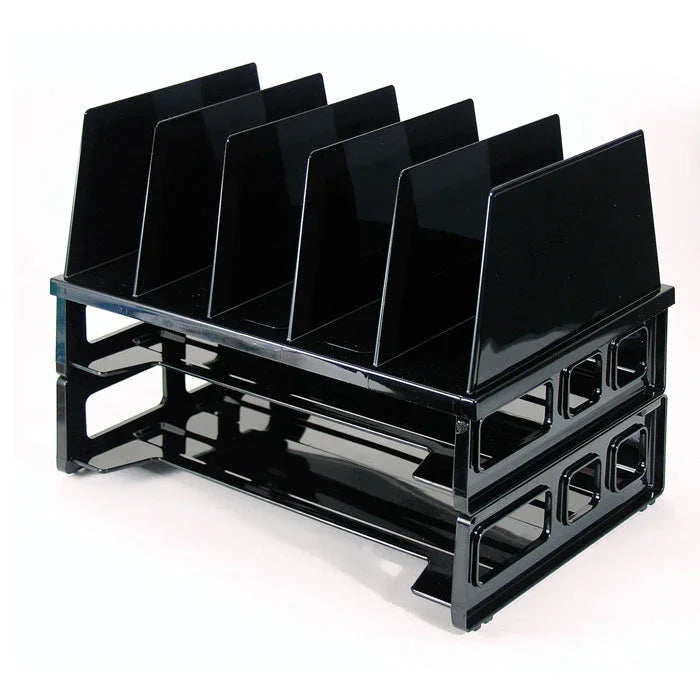 Black desktop file sorter with multiple letter trays for office organization