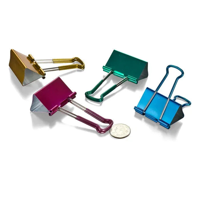 Colorful metal binder clips with coin for scale, ideal for office and school organization