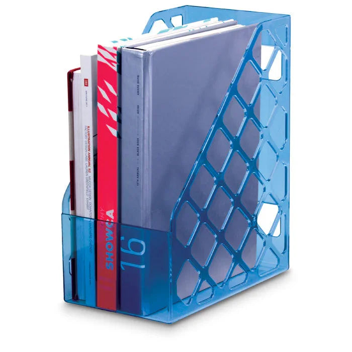 Blue plastic magazine file holder with books and magazines organized inside