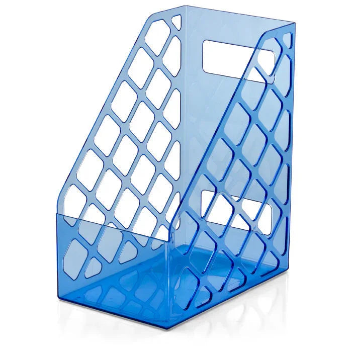 Blue plastic magazine file holder with diamond cutout design for office organization
