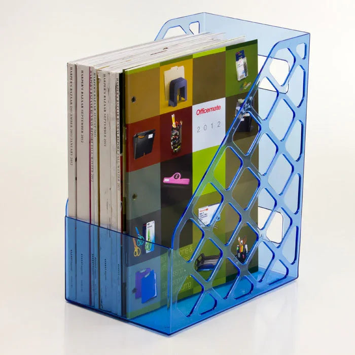 Blue plastic magazine file organizer holding magazines and folders on a white surface
