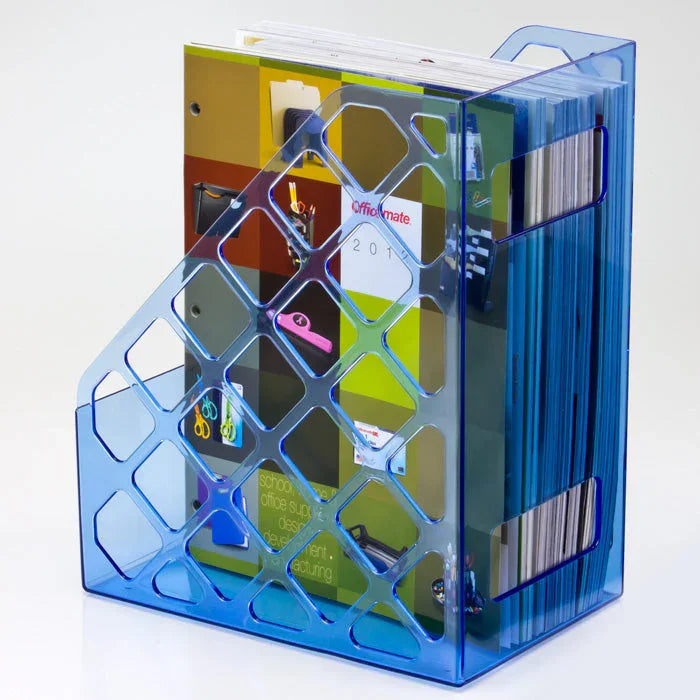 Blue plastic magazine file holder organizing files, folders, and documents for office or school use