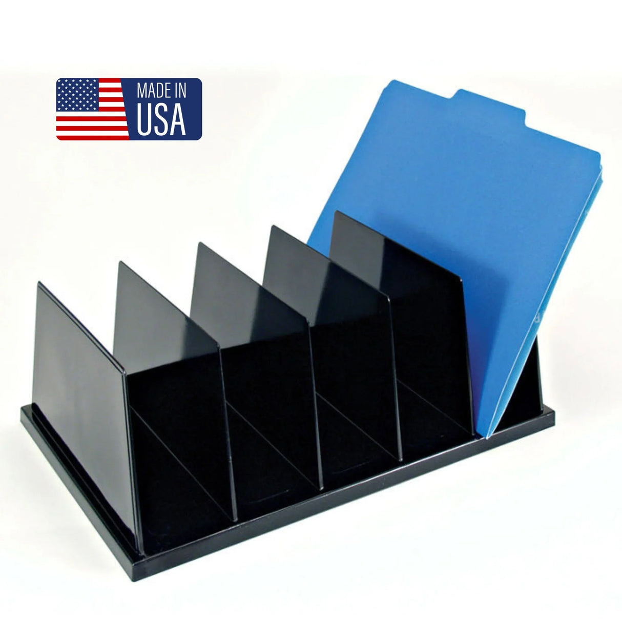 Black vertical file sorter with five slots holding a blue file folder, Made in USA label visible.