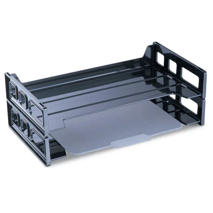 Black two-tier plastic letter tray organizer for desk document storage