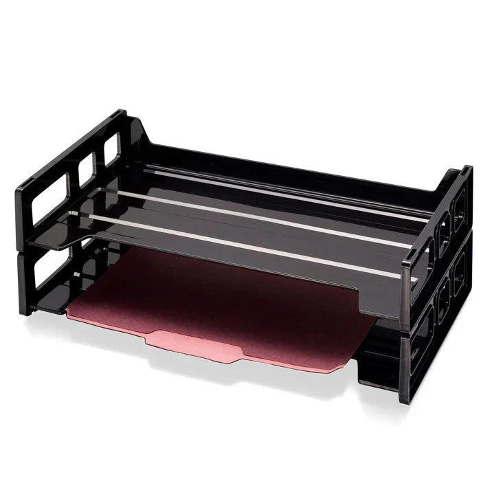 Two-tier black legal size letter tray with a maroon file folder for office organization