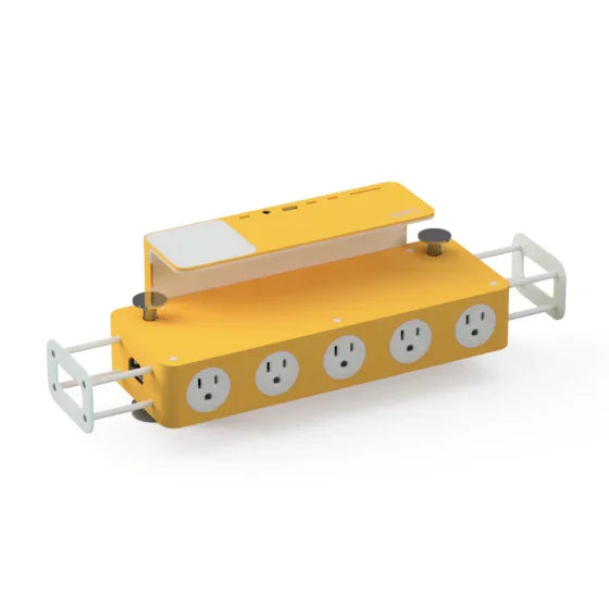 Yellow desktop power strip organizer with four outlets and device holder, modern workspace accessory