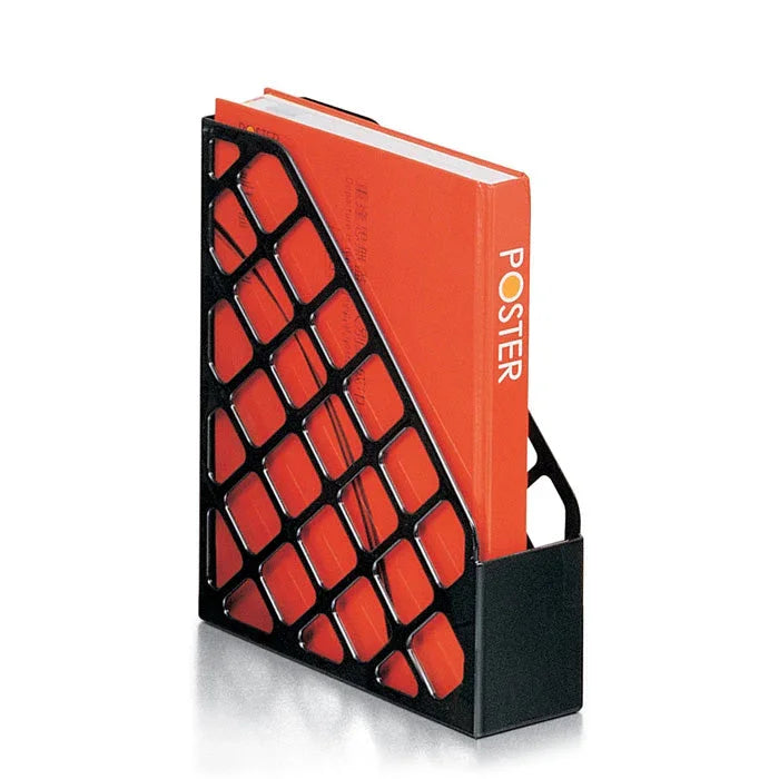 Black magazine file organizer holding orange magazines or files on a white background