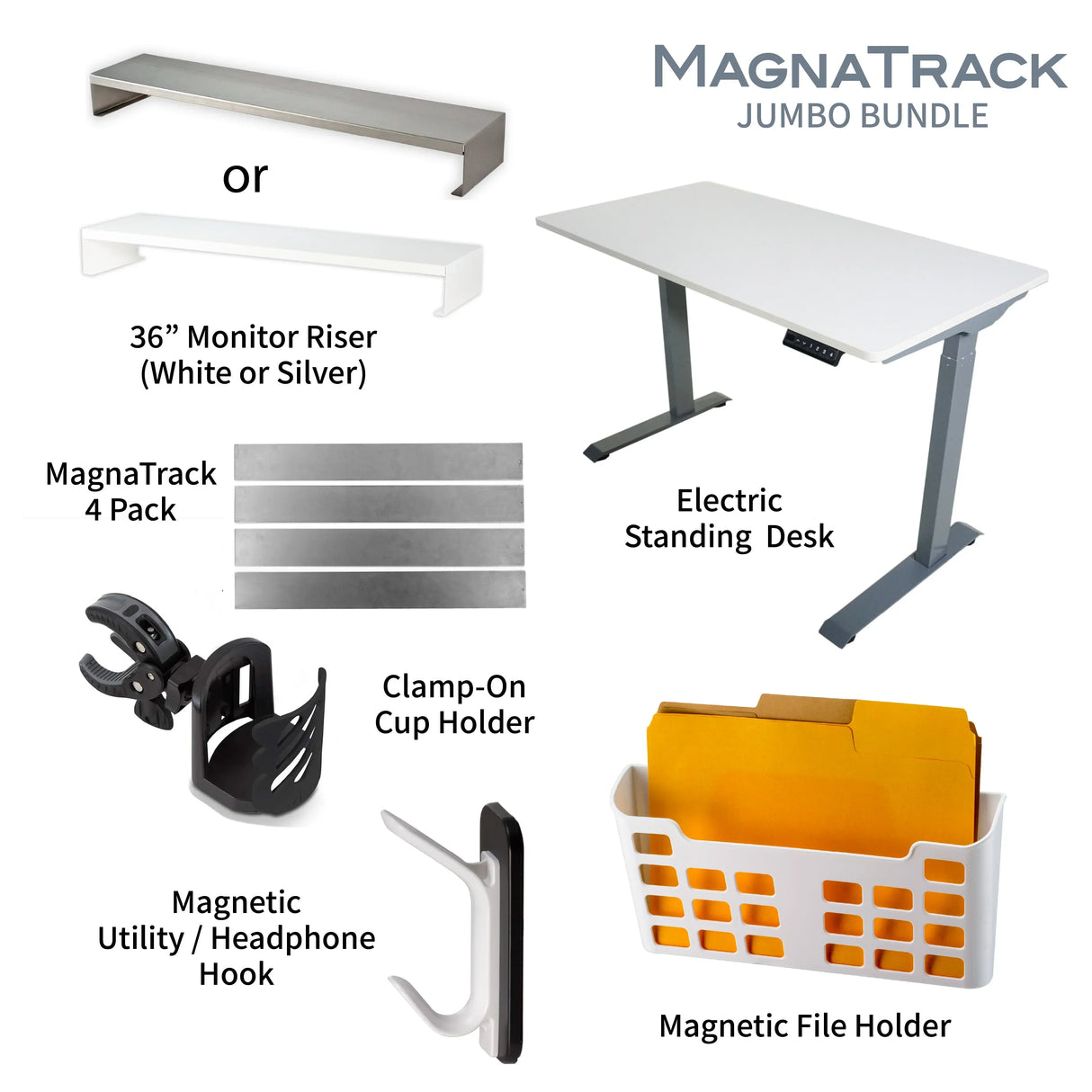 MagnaTrack Jumbo Bundle with electric standing desk, monitor riser, magnetic file holder, cup holder & utility hook