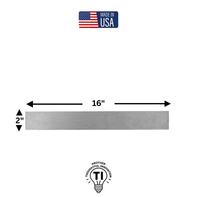 Metal magnetic wall strip, 16 inches by 2 inches, with made in USA label above.