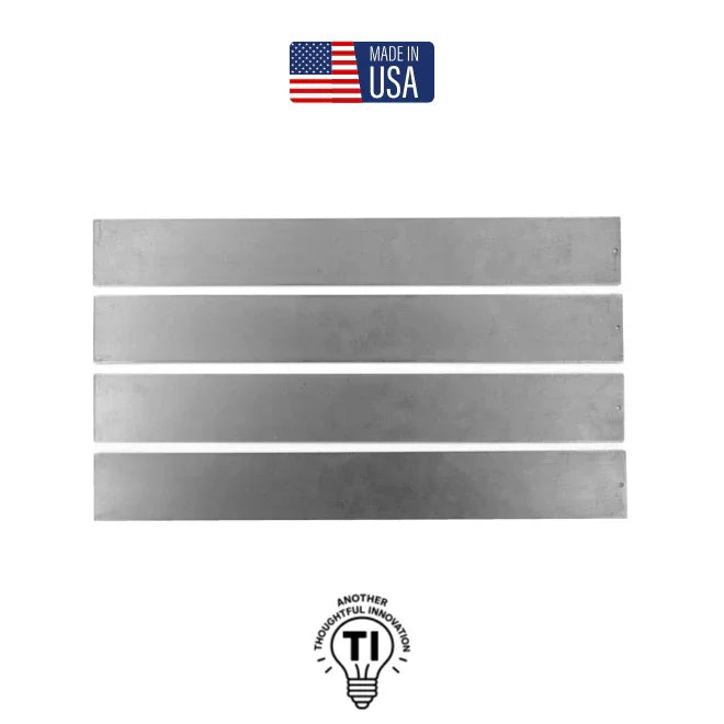Set of four silver metal strips, flat and rectangular, with Made in USA label above.