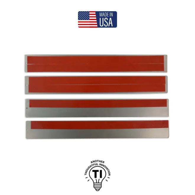 Four metal magnetic strips with red accents, office organizer accessory, made in USA