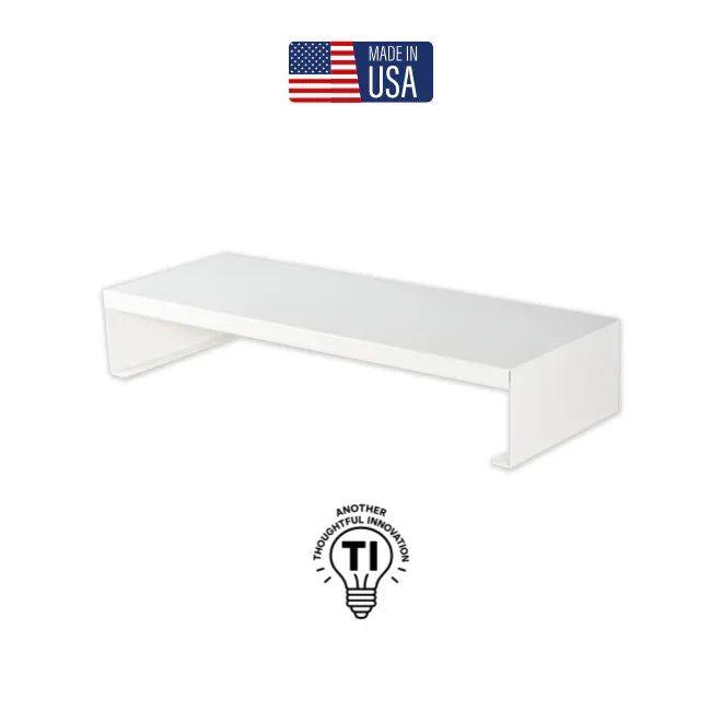White desktop monitor riser shelf with minimalist design, Made in USA badge, workspace organizer