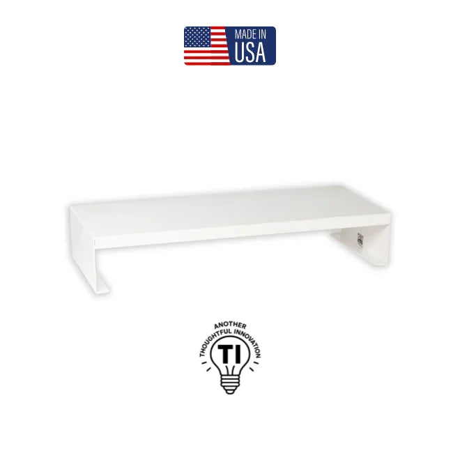 White desktop monitor riser with under-shelf USB ports, Made in USA badge, minimalist design