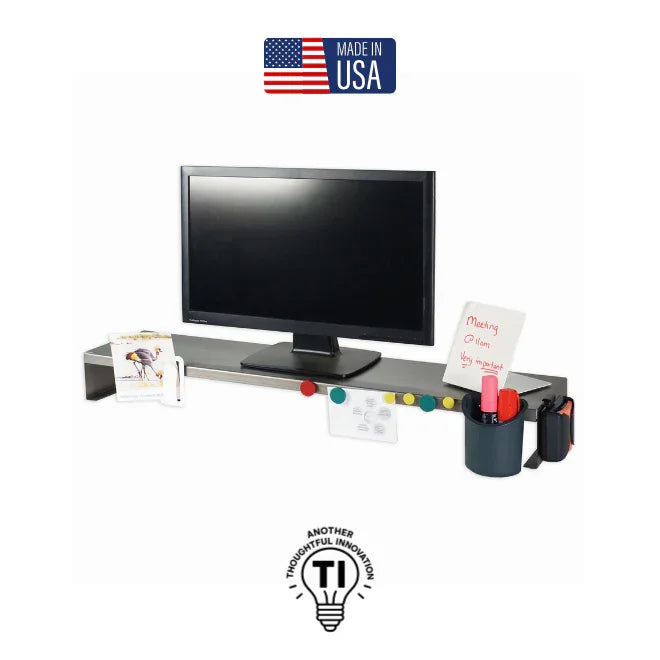 Monitor riser with magnetic organizer, pen holder, whiteboard, and office supplies