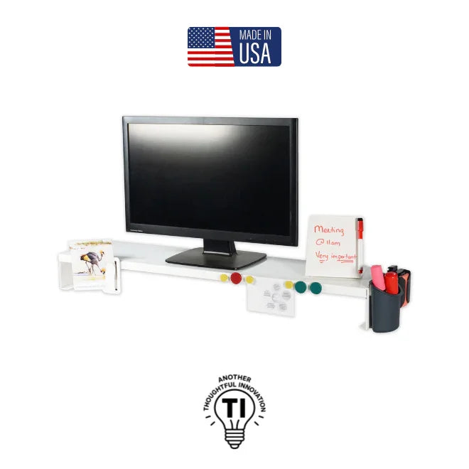 Monitor riser shelf with magnets, pen holder, whiteboard and cubby for office organization
