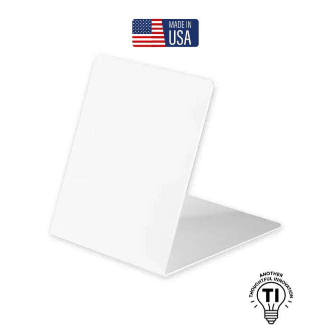White magnetic desktop panel stand, L-shaped, with Made in USA label, on white background