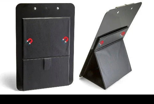 Magnetic clipboard with easel back for office organization, shown upright and standing.