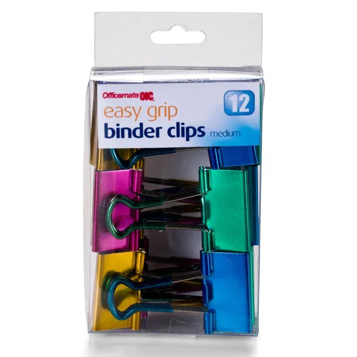 Colorful medium binder clips in easy grip packaging, ideal for office and school organization