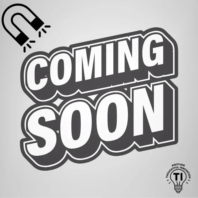 Gray 'coming soon' sign with magnet icon and light bulb logo on gradient background.