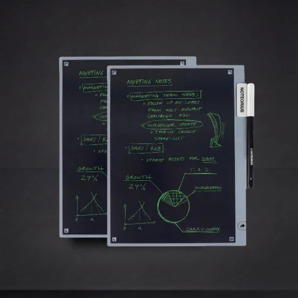 Digital smart notebook with handwritten notes and diagrams, stylus attached on the side