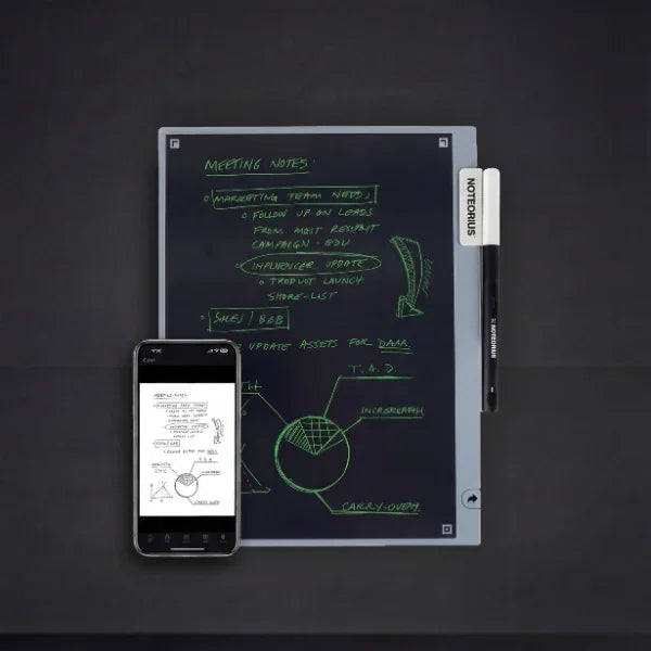 Digital smart notebook with handwritten notes, black stylus, and smartphone displaying synced notes