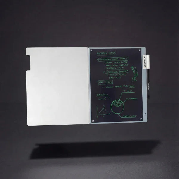 Smart digital notebook with handwritten notes and pen on a dark background