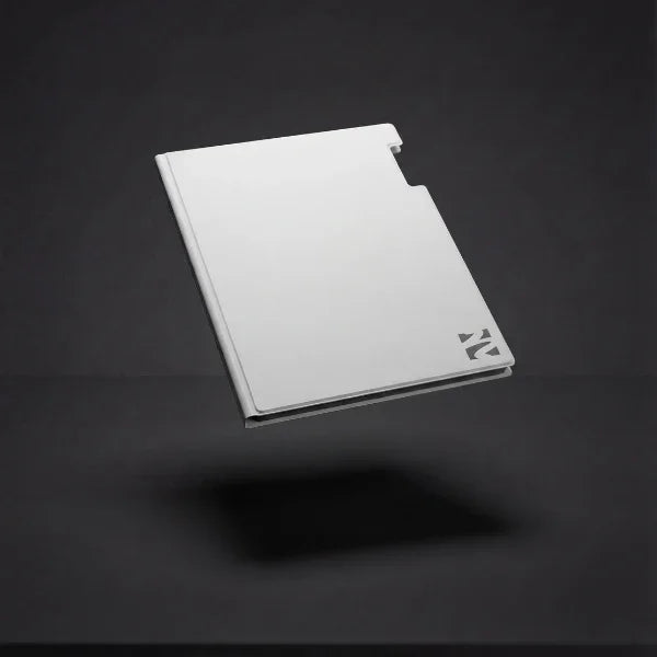 Minimalist smart notebook with white cover and cutout corner on dark background