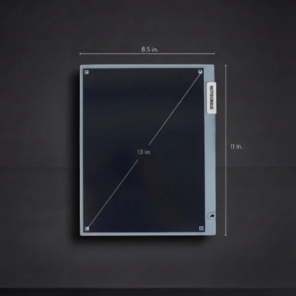 Smart digital notebook with 8.5 x 11 inch surface and labeled dimensions