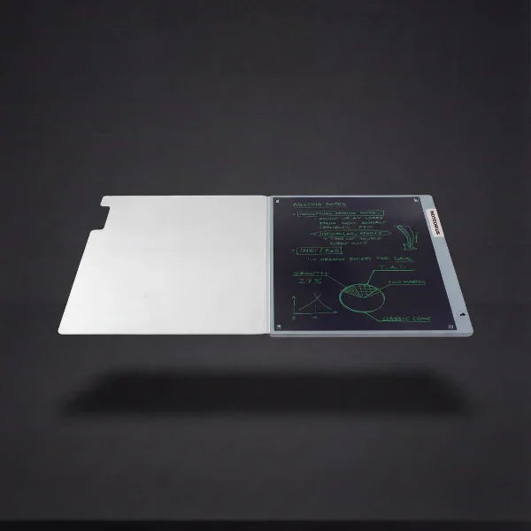 Smart digital notebook open on dark background displaying handwritten math notes and diagrams
