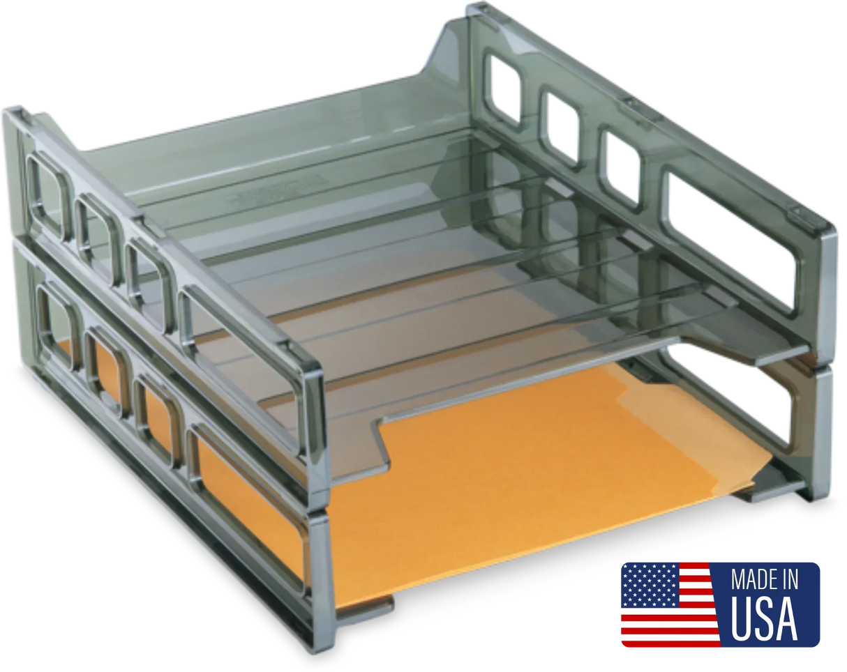 Clear two-tier desk organizer with letter-sized slots, holds folders, made in USA