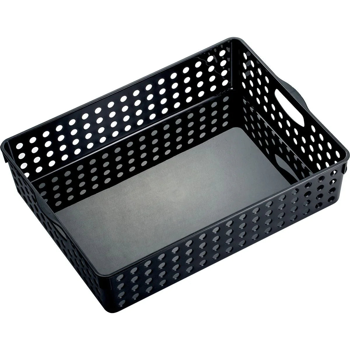 Black plastic office storage basket with handles and round perforated sides