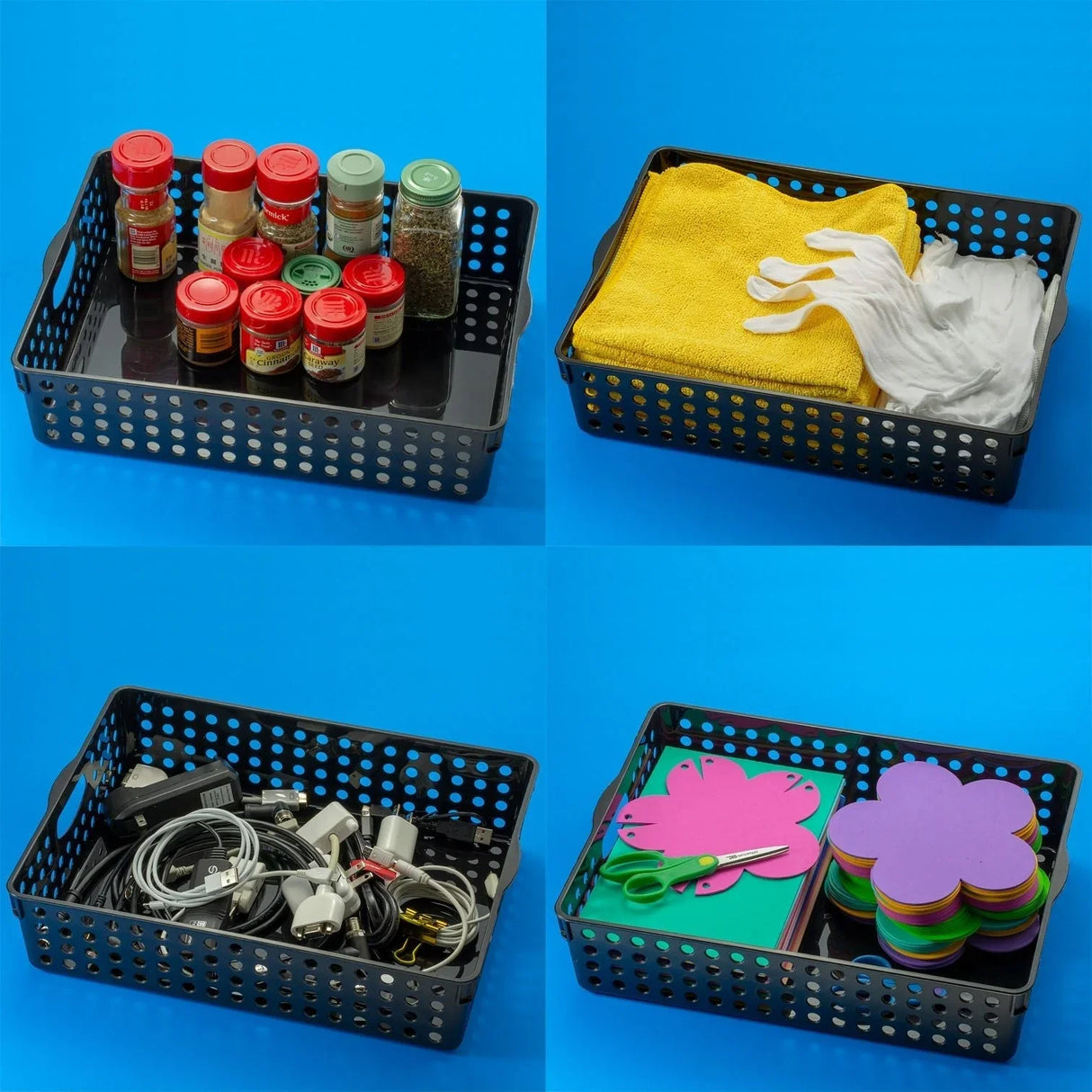 Black plastic storage baskets organizing spices, cloths, cables, and craft supplies on blue background