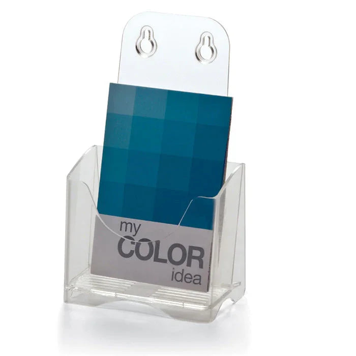 Clear plastic leaflet holder with wall mount slots, holding a blue brochure