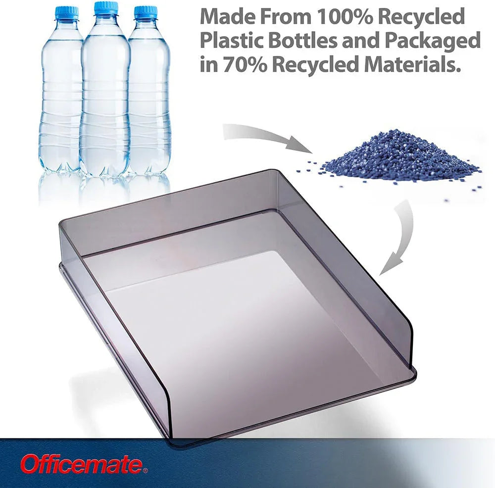 Clear recycled plastic magazine file organizer with bottles and recycling info graphic.