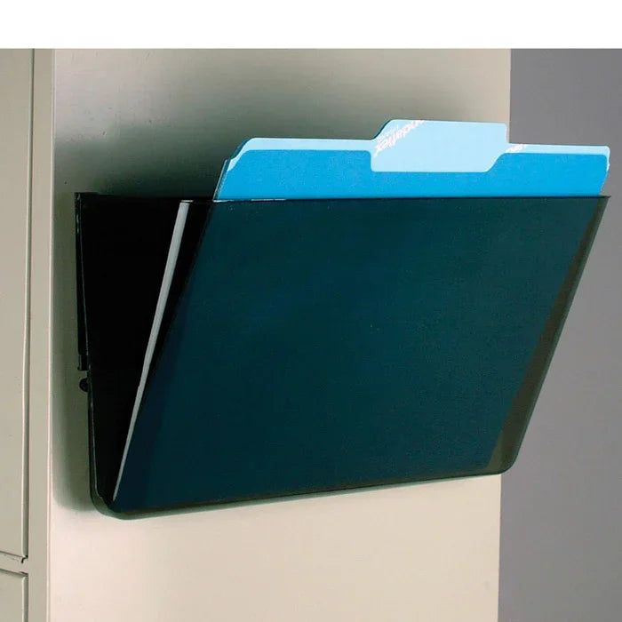 Black wall-mounted file holder with blue folders, ideal for office organization and workspace efficiency