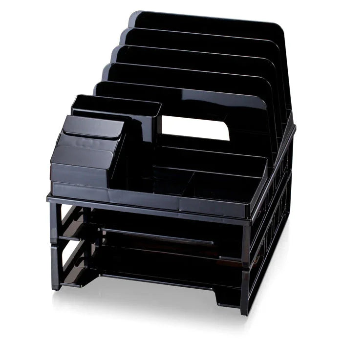 Black plastic desk organizer with letter trays and vertical file slots for office supplies