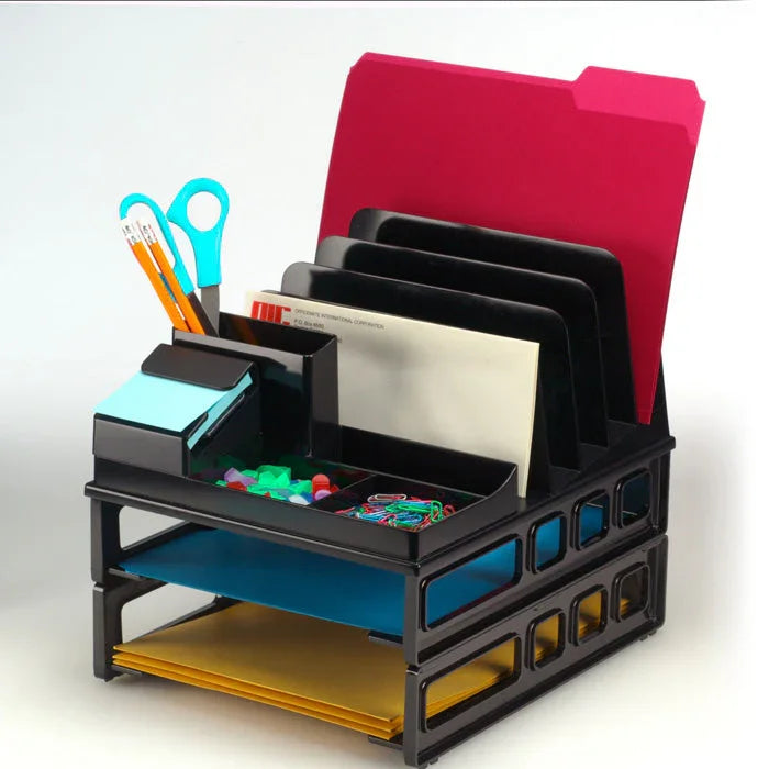 Desk organizer with letter trays, file sorter, and office supplies