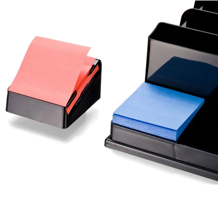 Black desktop organizer with letter trays, red and blue sticky notes holder