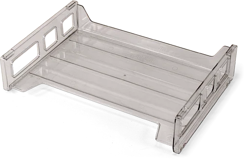 Clear side load letter tray for desk organization, ideal for sorting office documents