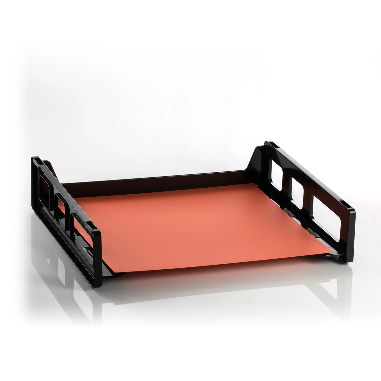 Black side-load letter tray with orange paper for office desk organization