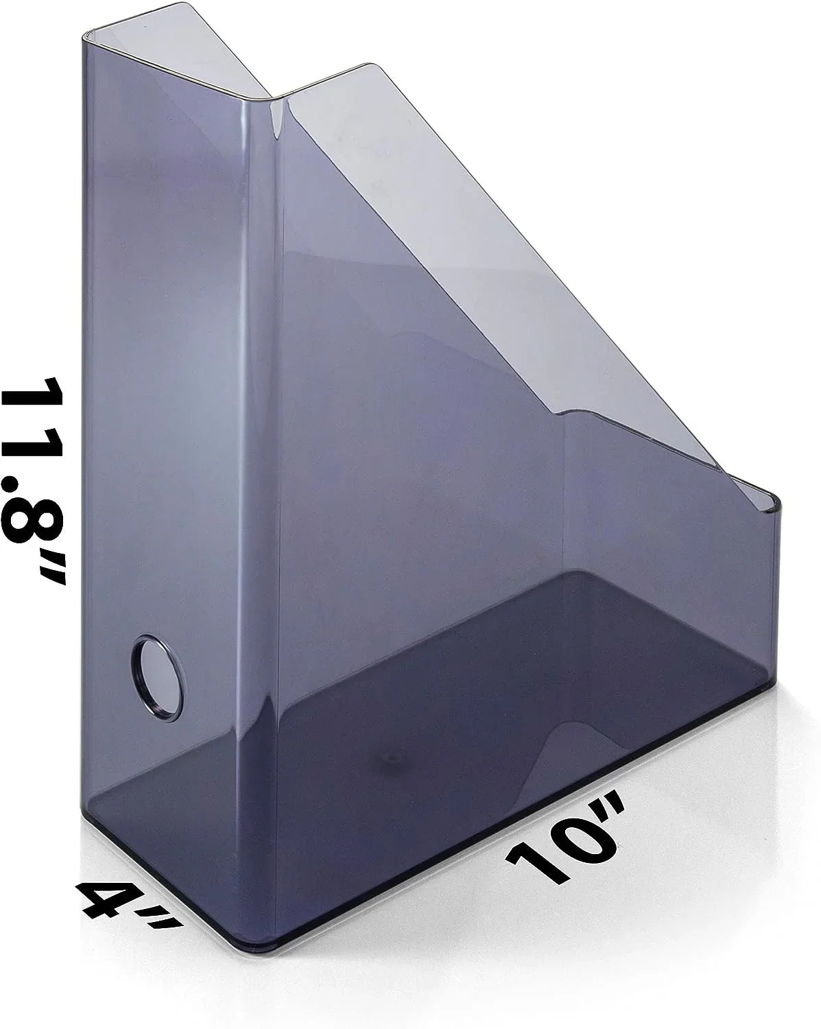 Translucent plastic magazine file holder with 11.8 x 10 x 4 inch dimensions, desktop organizer