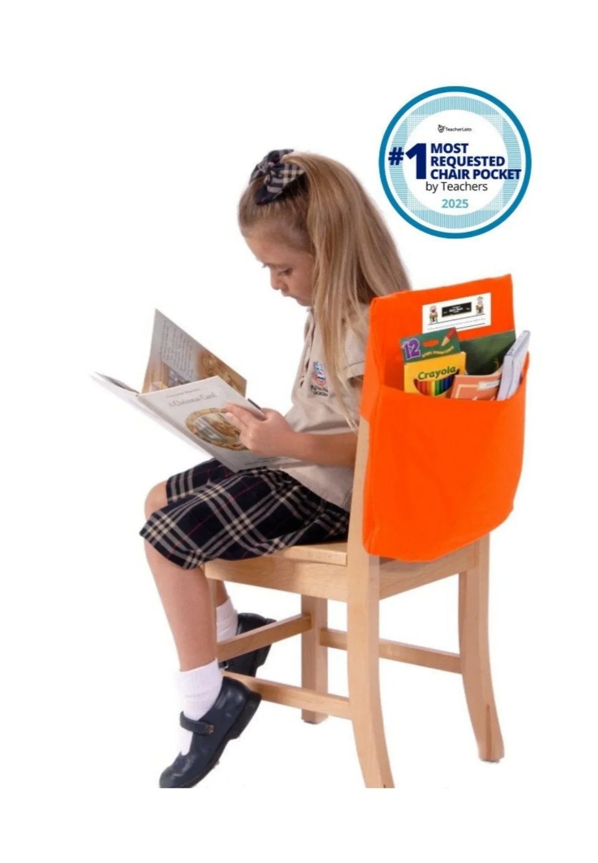 Student reading on chair with orange seat sack holding school supplies