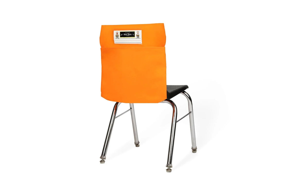 Orange single pocket seat sack on a school chair for classroom storage and organization