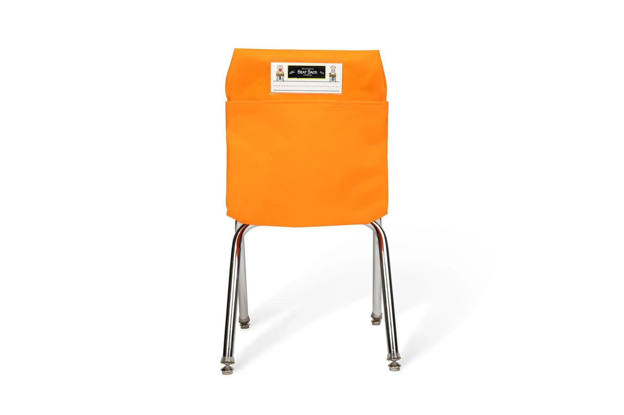 Orange single pocket seat sack organizer on a chair for classroom or office use
