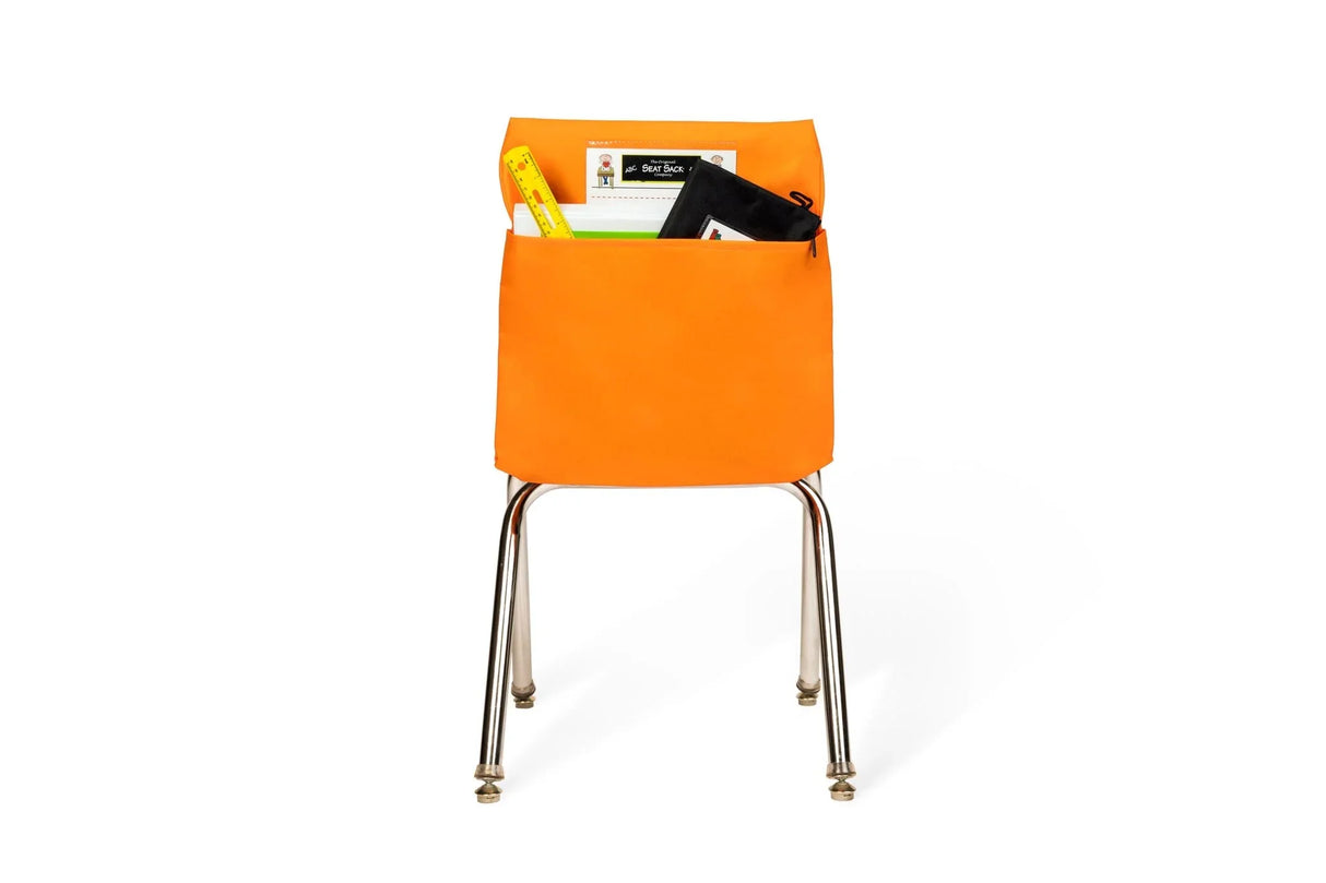 Orange single pocket seat sack organizer on chair with school supplies