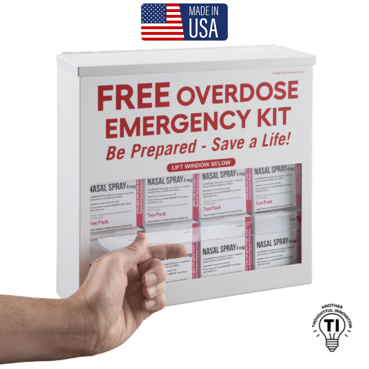 Wall-mounted emergency naloxone nasal spray kit cabinet with clear window and Made in USA label.